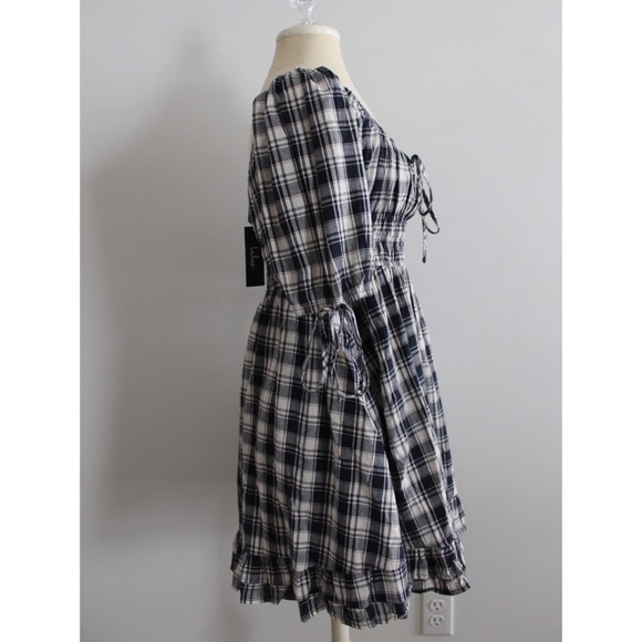 Lulus NWT Plaid Countryside Aura Navy Blue Plaid Short Sleeve Mini Dress Small - Picture 9 of 14